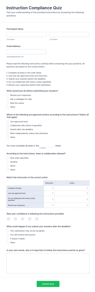 Instruction Compliance Quiz Form Template