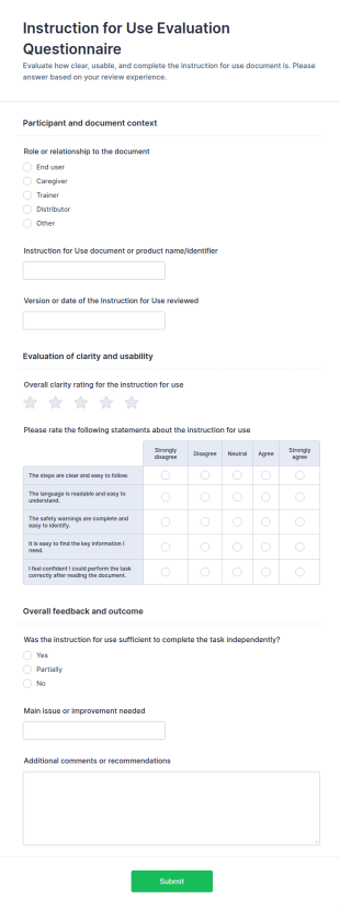 Instruction For Use Evaluation Questionnaire Form Template
