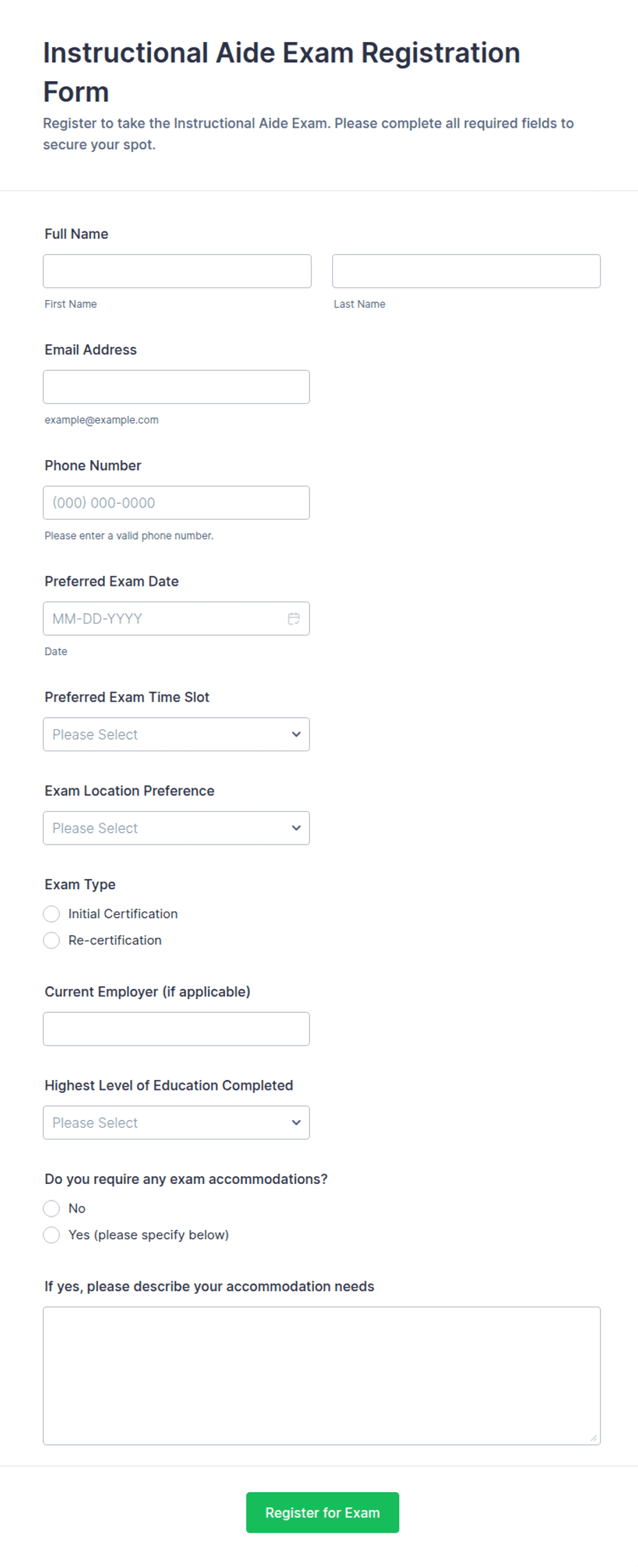 Instructional Aide Exam Registration Form Template | Jotform