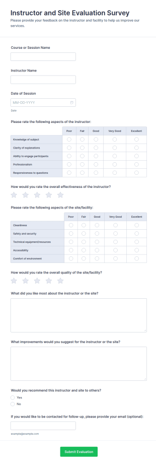 Instructor And Site Evaluation Survey Form Template