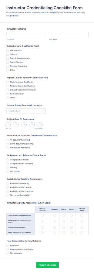 Instructor Credentialing Checklist Form Template