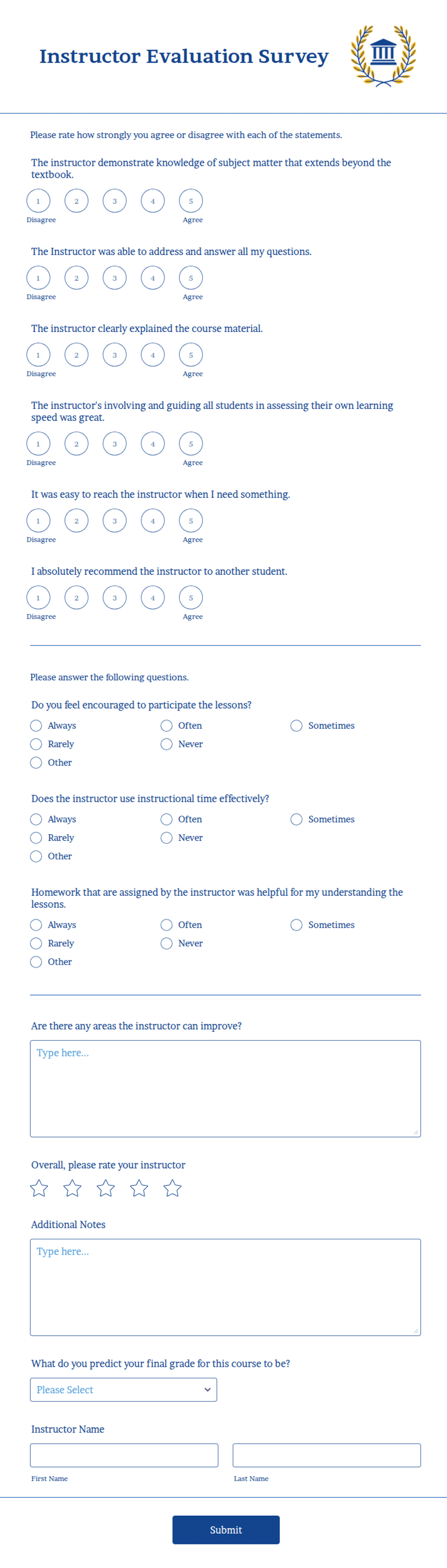 Instructor Evaluation Form Template | Jotform