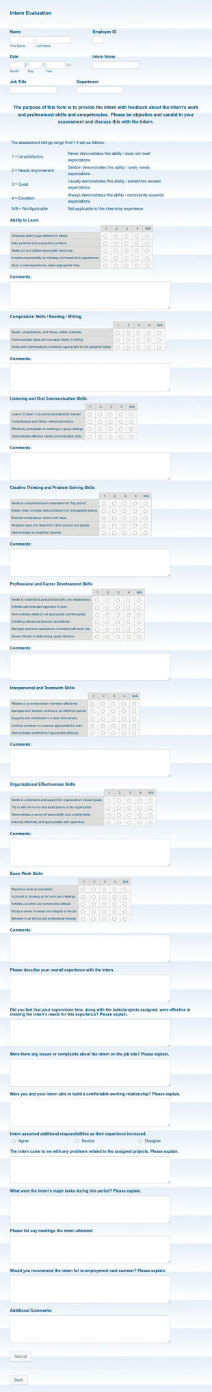 Instructor Intern Evaluation Form Template