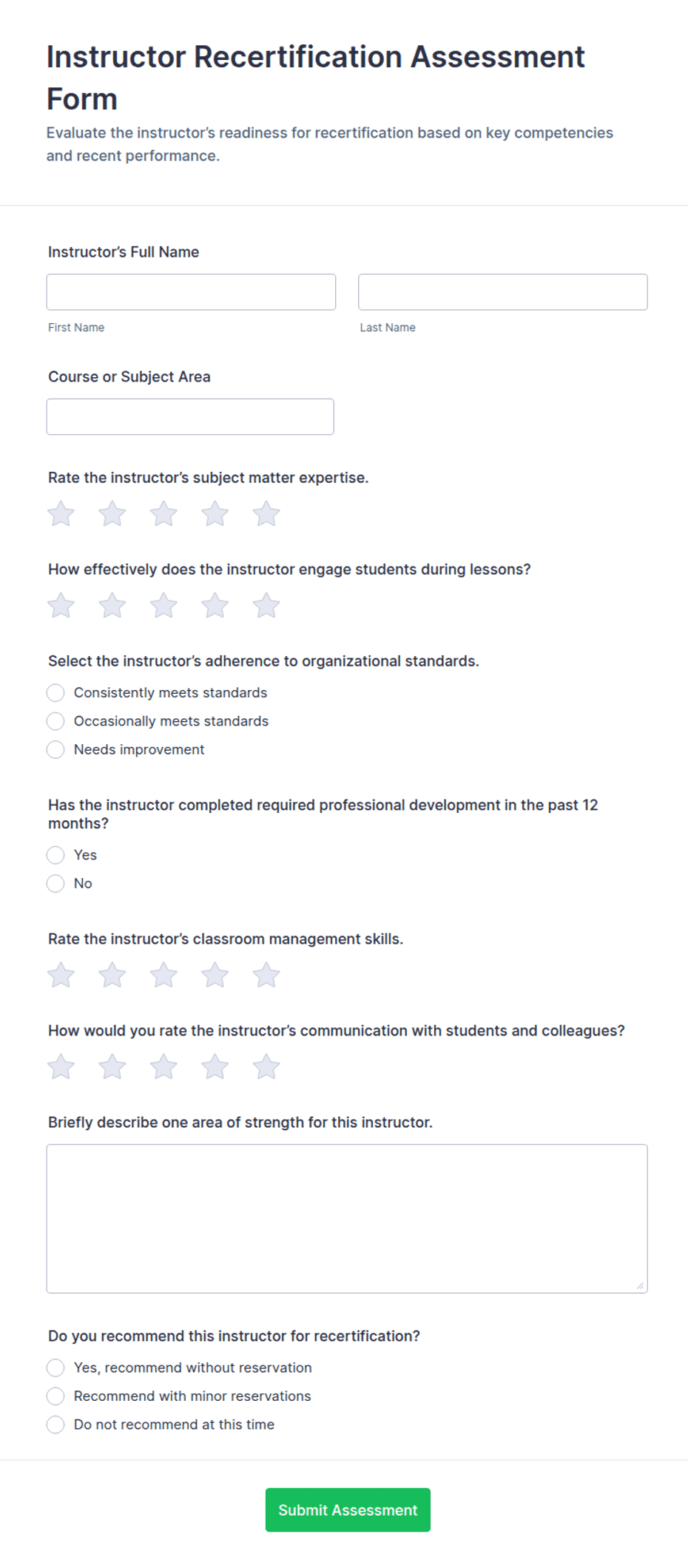 Instructor Recertification Assessment Form Template | Jotform