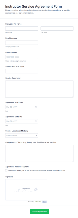 Instructor Service Agreement Form Template