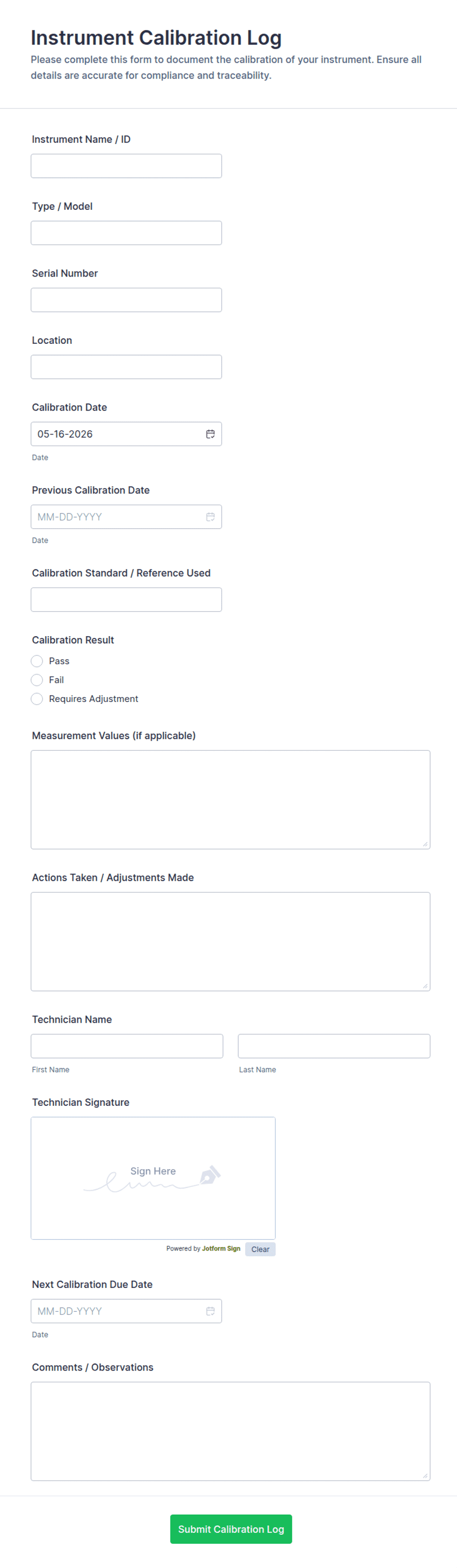 Instrument Calibration Log Form Template | Jotform