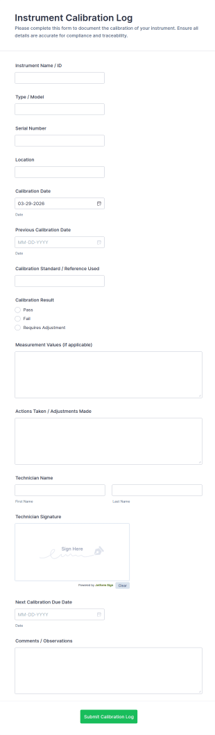 Instrument Calibration Log Form Template