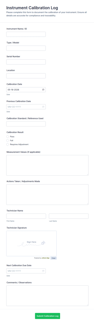 Instrument Calibration Log Form Template