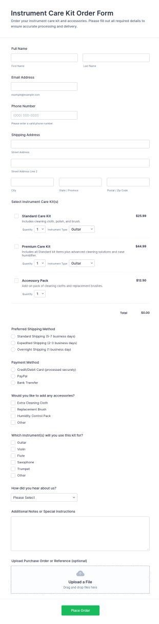 Instrument Care Kit Order Form Template