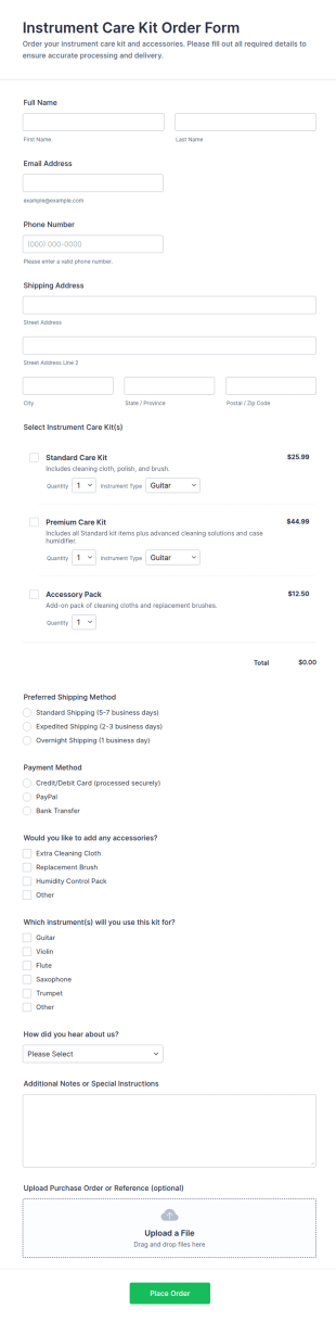 Instrument Care Kit Order Form Template