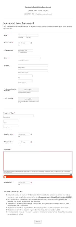 Instrument Loan Agreement Form Template