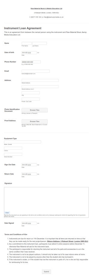 Instrument Loan Agreement Form Template