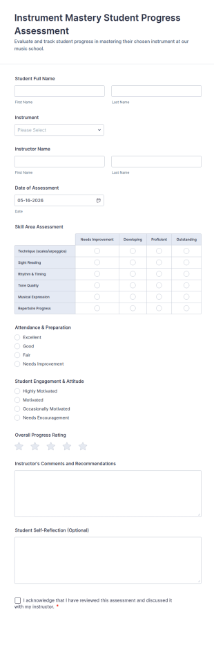 Instrument Mastery Student Progress Assessment Form Template
