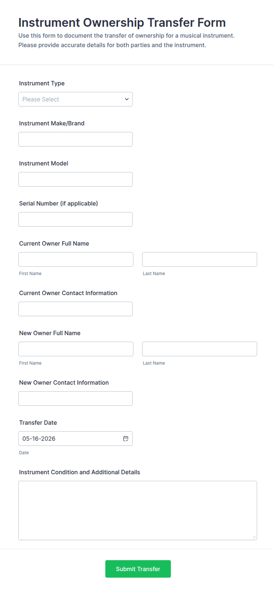 Instrument Ownership Transfer Form Template | Jotform
