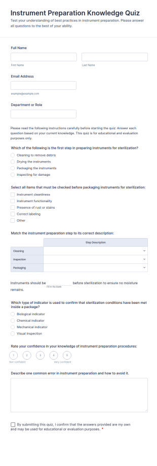Instrument Preparation Knowledge Quiz Form Template
