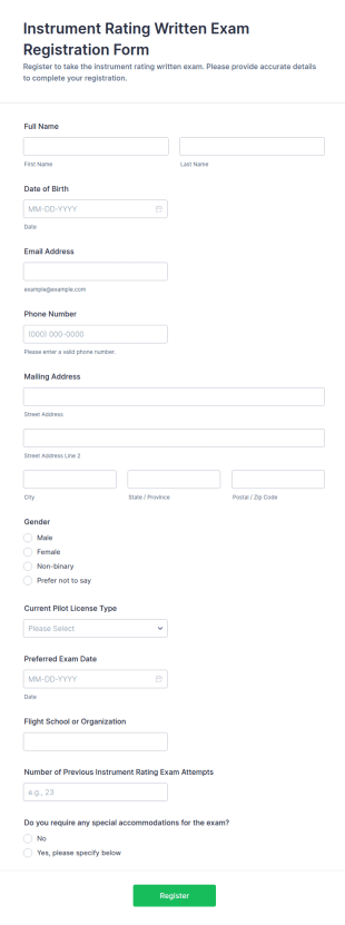 Instrument Rating Written Exam Registration Form Template