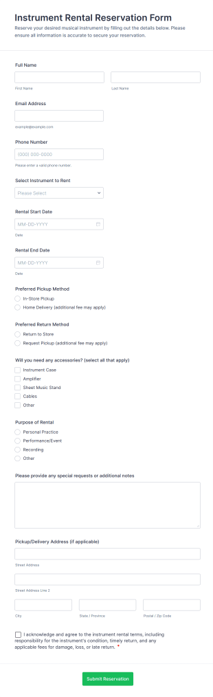 Instrument Rental Reservation Form Template