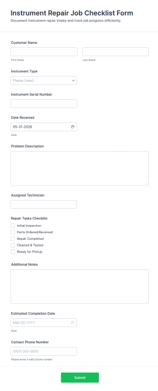 Instrument Repair Job Checklist Form Template