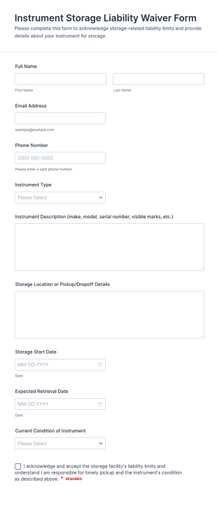 Instrument Storage Liability Waiver Form Template
