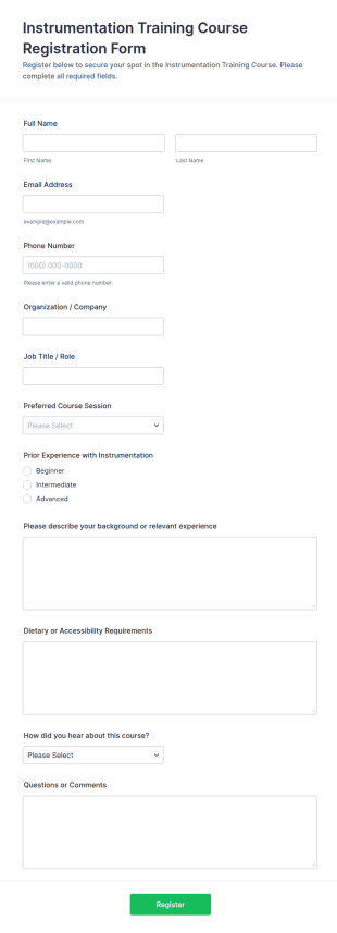 Instrumentation Training Course Registration Form Template