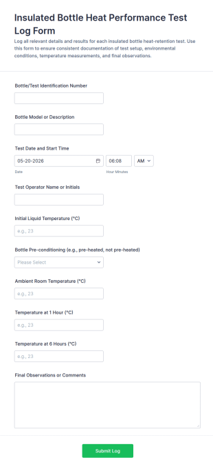 Insulated Bottle Heat Performance Test Log Form Template
