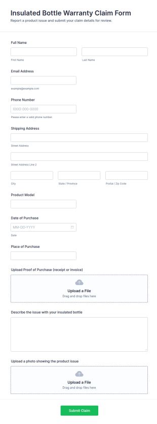 Insulated Bottle Warranty Claim Form Template