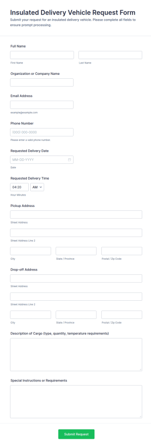 Insulated Delivery Vehicle Request Form Template