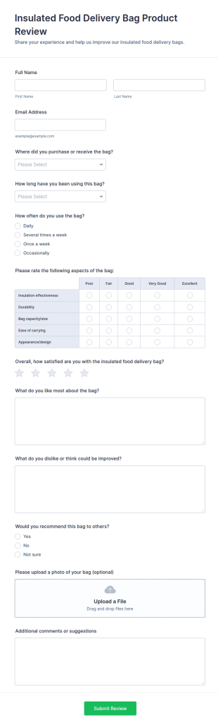 Insulated Food Delivery Bag Product Review Form Template