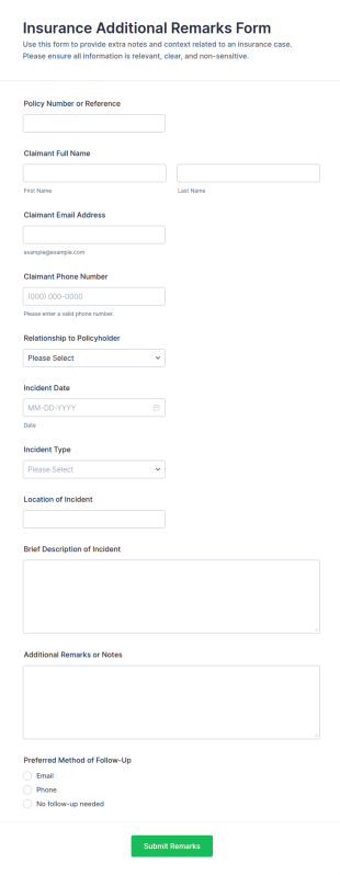 Insurance Additional Remarks Form Template