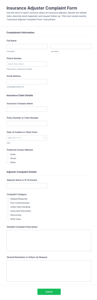 Insurance Adjuster Complaint Form Template