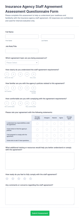 Insurance Agency Staff Agreement Assessment Questionnaire Form Template
