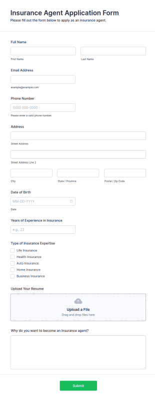 Insurance Agent Application Form Template