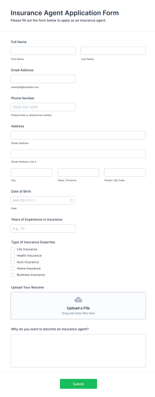 Insurance Agent Application Form Form Template