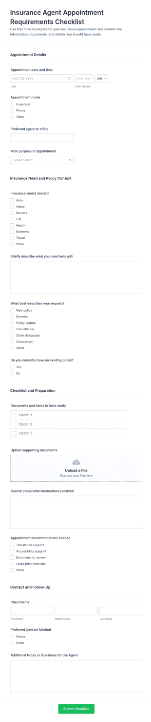 Insurance Agent Appointment Requirements Checklist Form Template