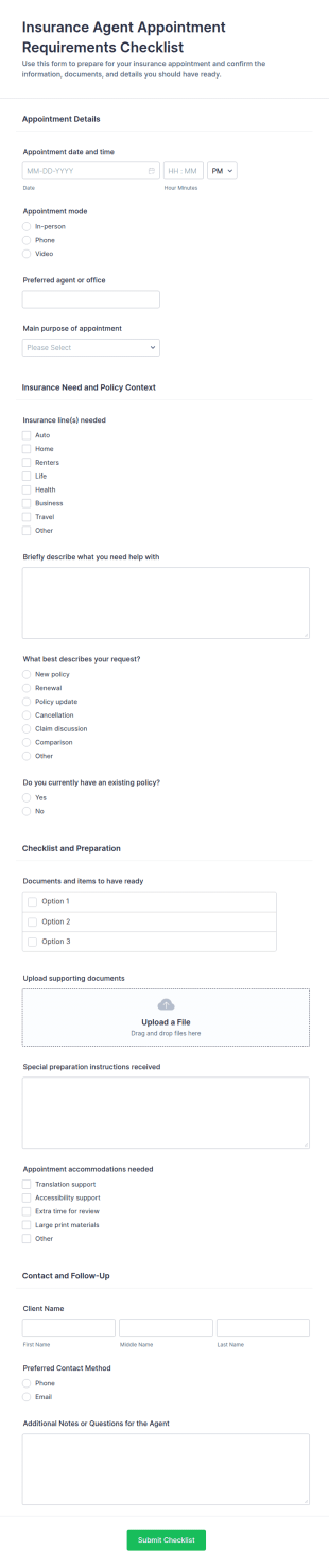 Insurance Agent Appointment Requirements Checklist Form Template