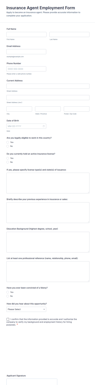 Insurance Agent Employment Form Template
