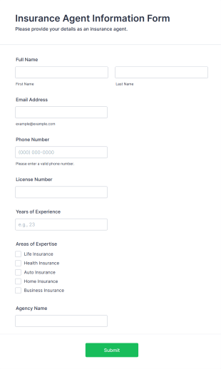 Insurance Agent Information Form Form Template