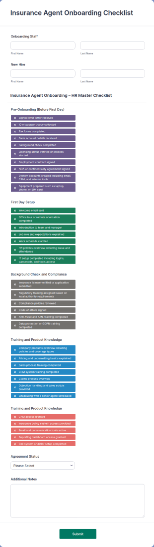 Insurance Agent Onboarding Checklist  Form Template