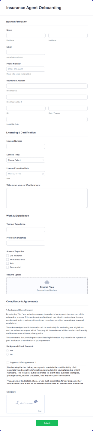 Insurance Agent Onboarding Form Template