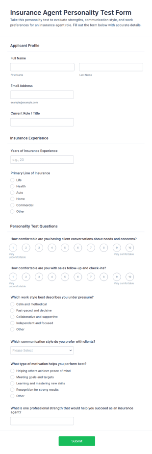 Insurance Agent Personality Test Form Template