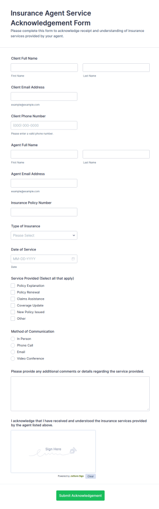 Insurance Agent Service Acknowledgement Form Template