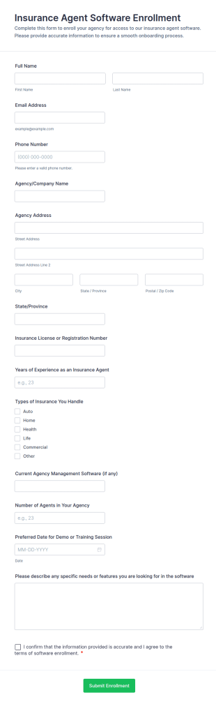 Insurance Agent Software Enrollment Form Template