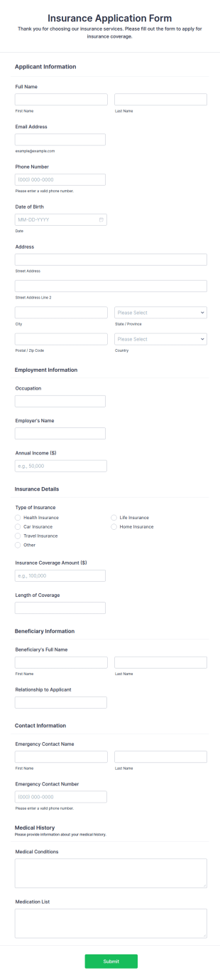 Insurance Application Form Template