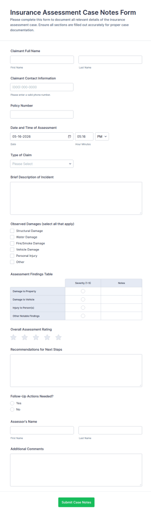 Insurance Assessment Case Notes Form Template