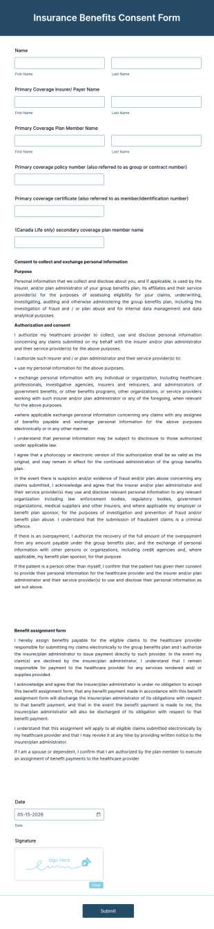 Insurance Benefits Consent Form Template