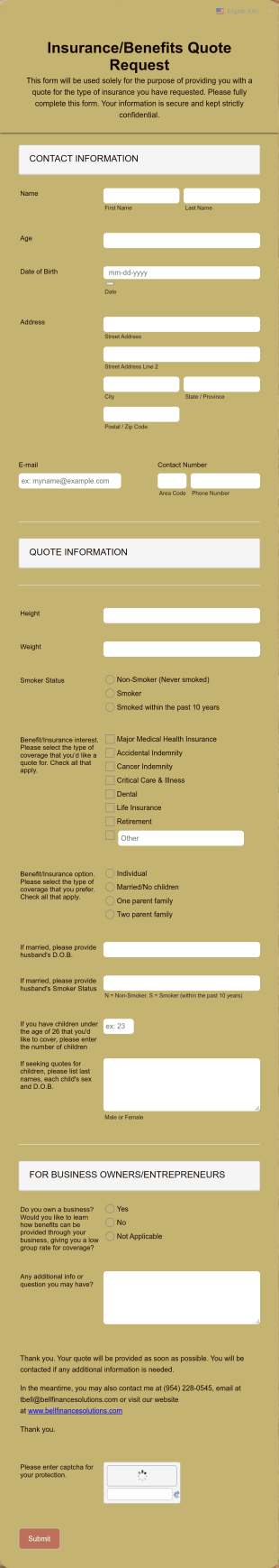 Benefits Quote Request Form Template