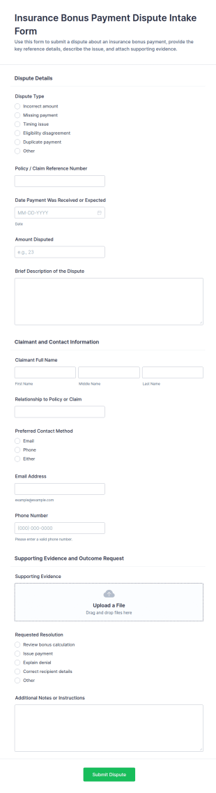 Insurance Bonus Payment Dispute Form Template