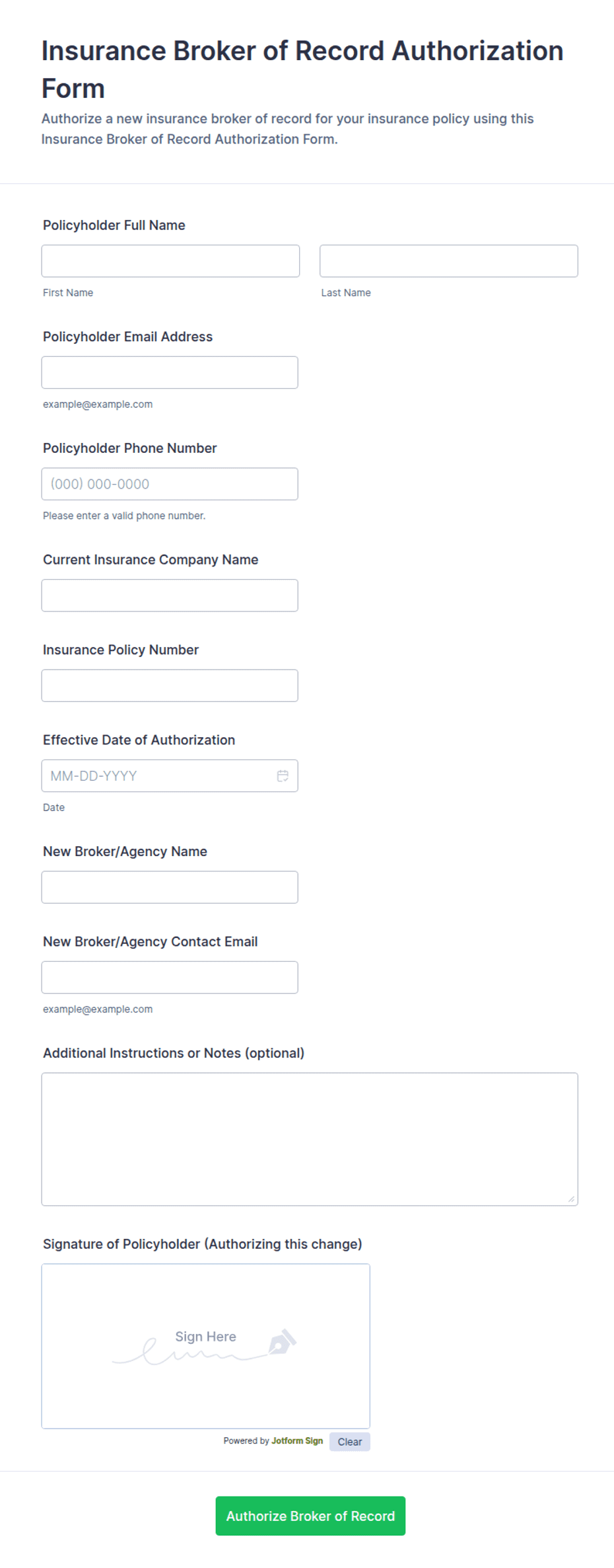 Insurance Broker of Record Authorization Form Template | Jotform