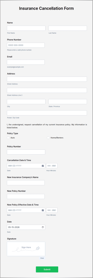 Insurance Cancellation Form Template