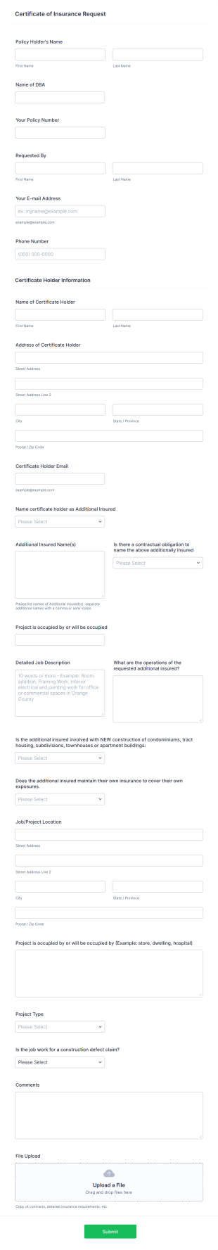 Insurance Certificate Request Form Template